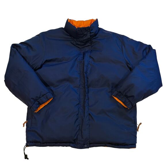 LL Bean Nuptse Puffer Reversible Jacket Womens Sz Medium Blue Orange Down Retro - Picture 1 of 16